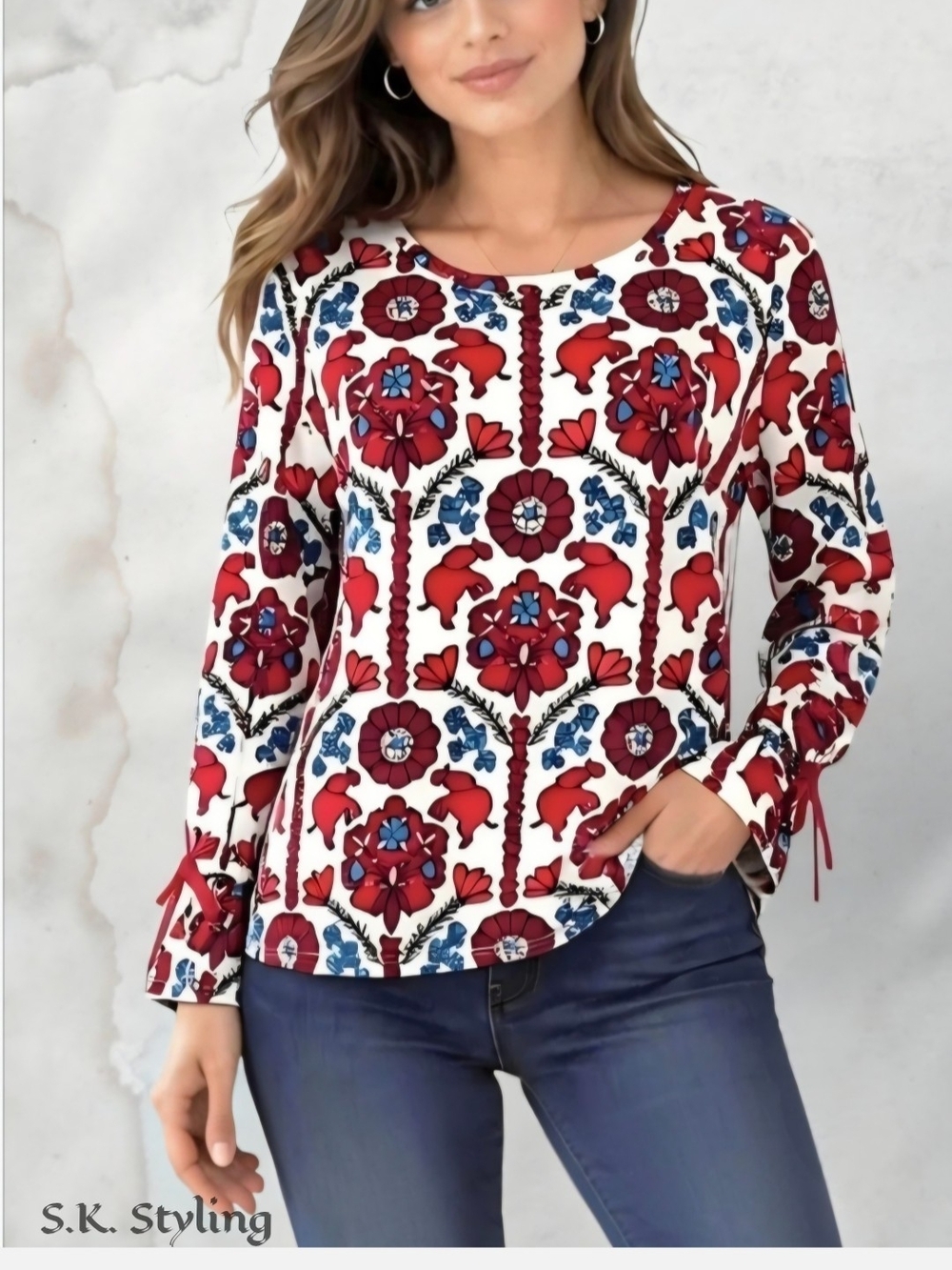 NWT - CROWN & IVY Floral Elephant Print Knit Top Tie Bell Sleeve LARGE Petite PL